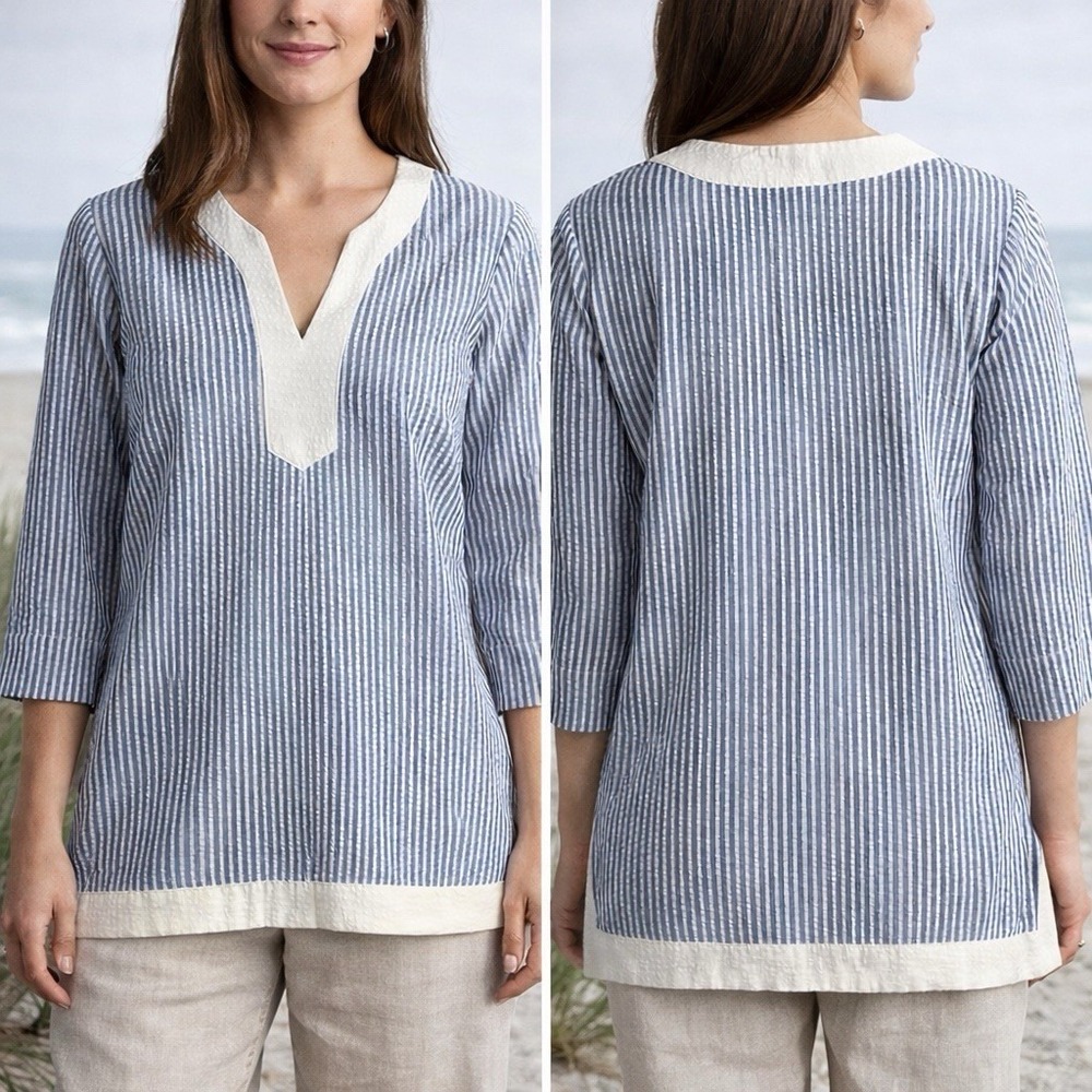 Duffield Lane Top Womens XS Blue White Striped Seer Sucker Tunic Cotton‎